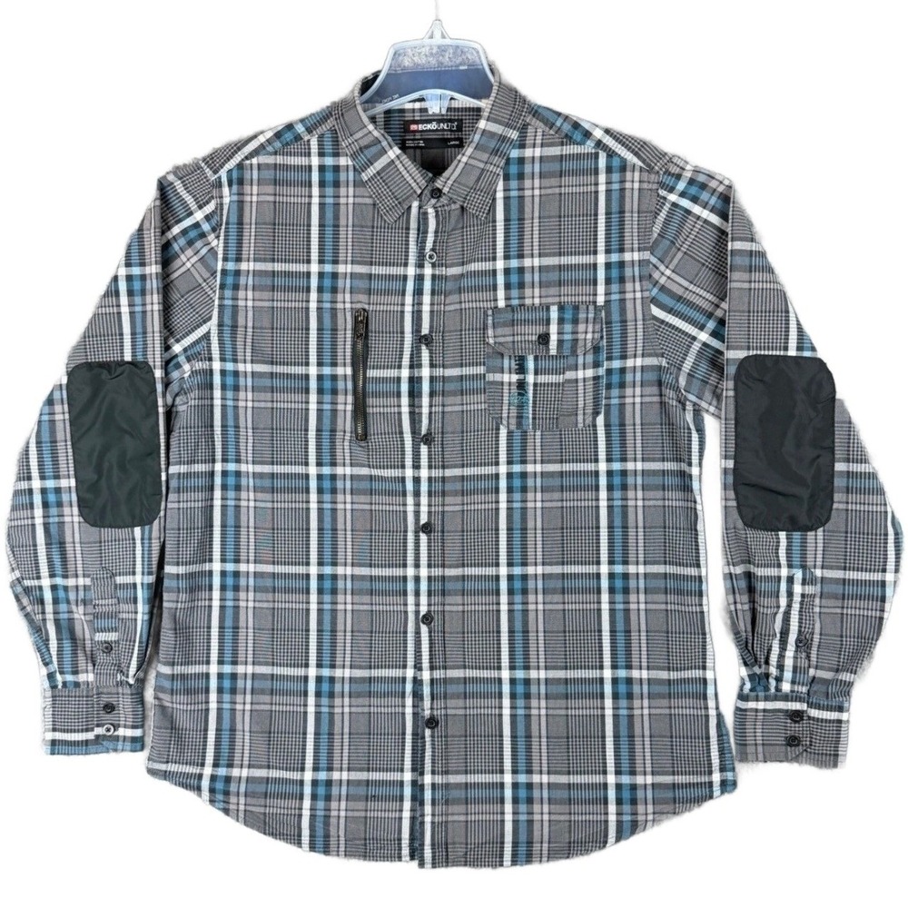Ecko Unltd Mens Large Plaid Button Down Shirt Grey Blue Elbow Patches Zip Pocket